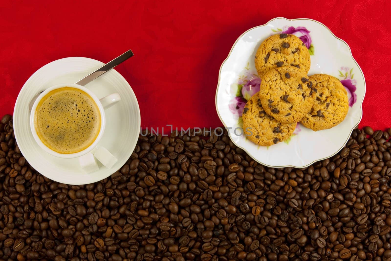 coffee cup from above with coffee beans