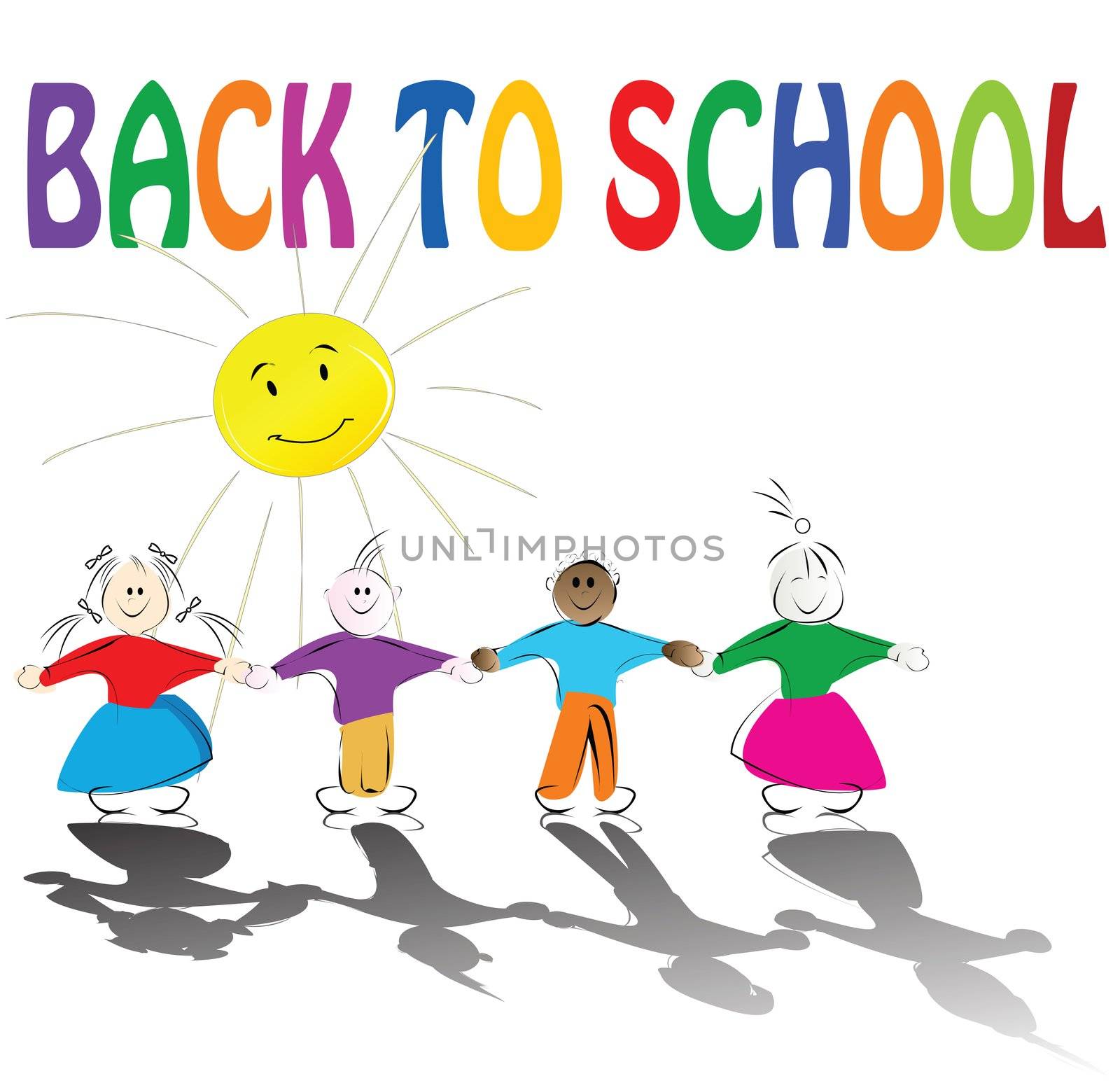 Back to school illustration with cute kids holding hands and smiling sun