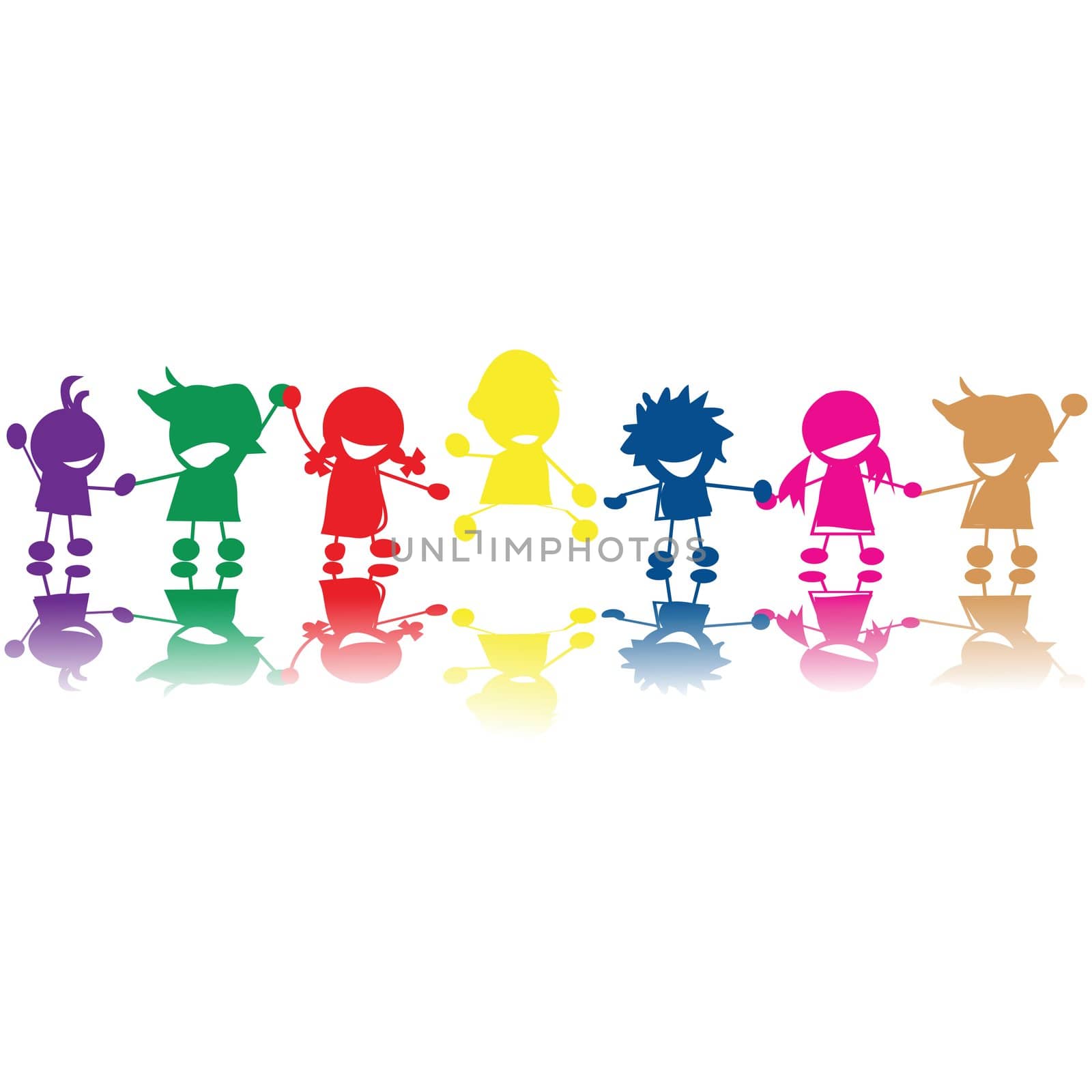 Silhouettes of children in colors and races holding hands