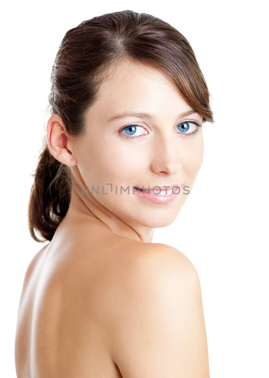 Young woman with beautiful blue eyes, isolated on white