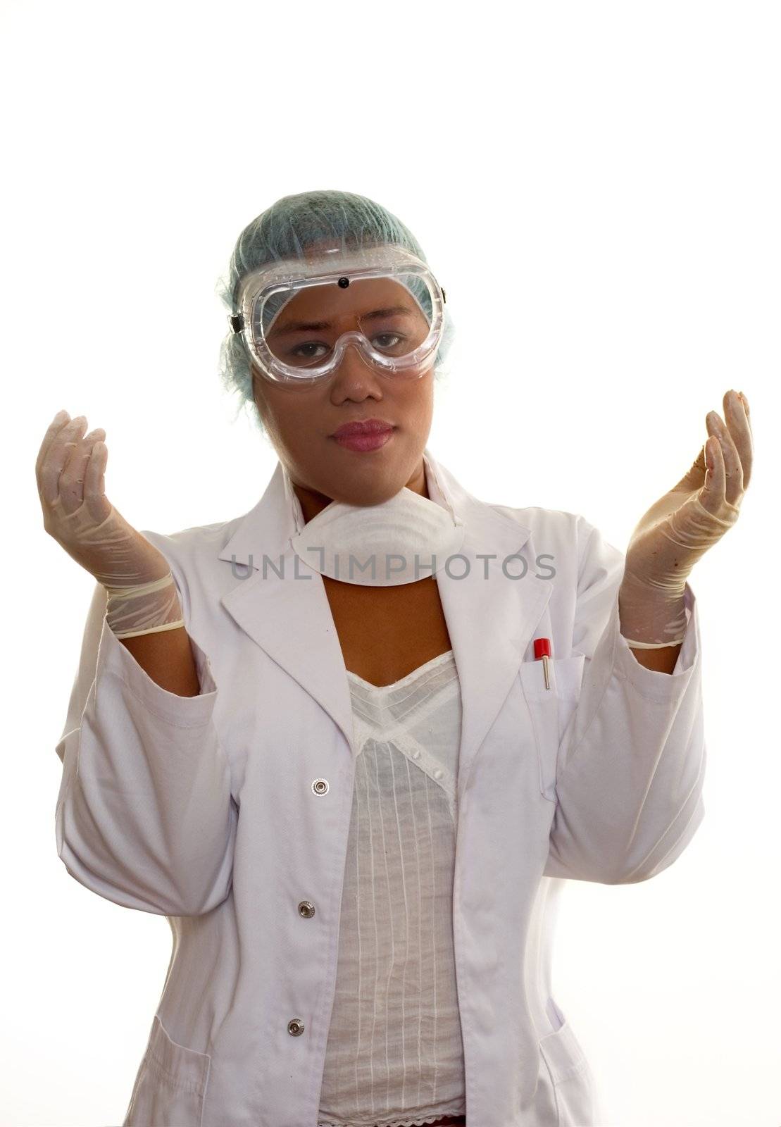 Ethnic healthcare worker or researcher with gloved hands in the air.