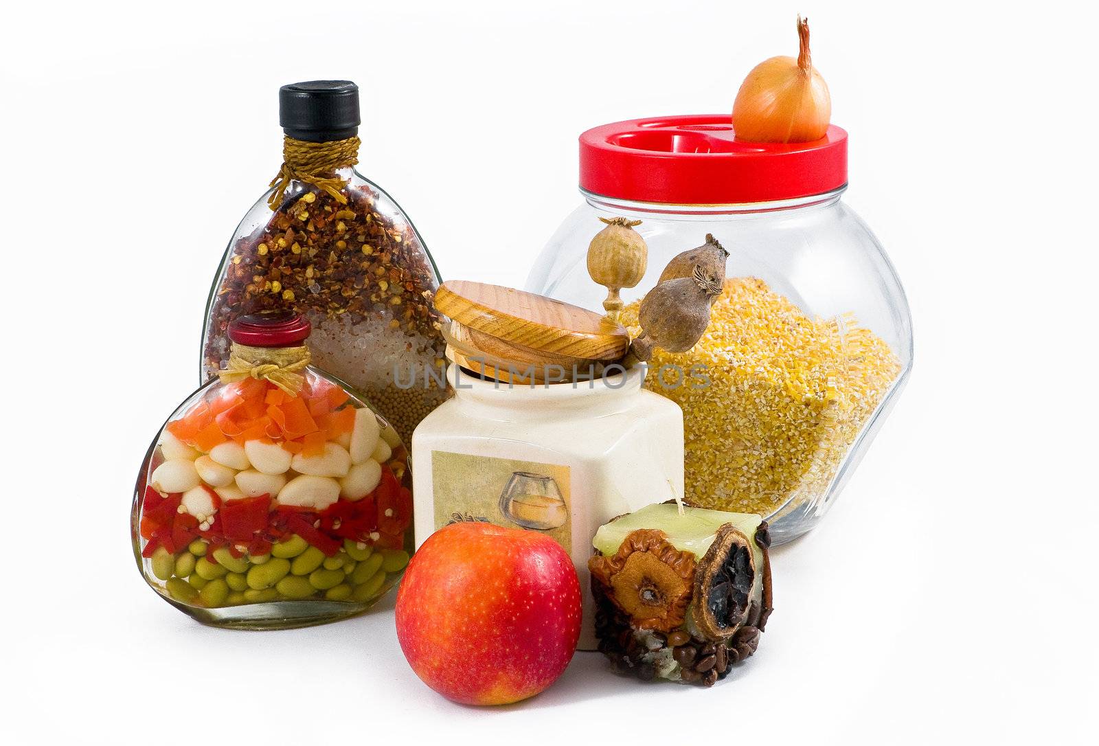 kitchen still life poppy, pea, spices on a white background