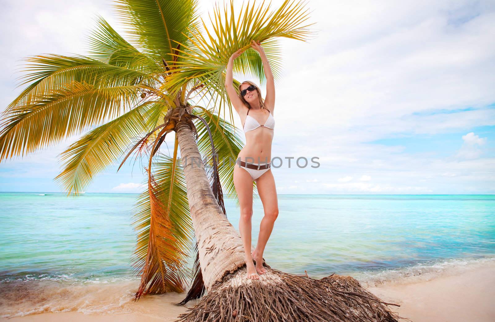 Young woman sunbathing under the palm on a Caribbean island