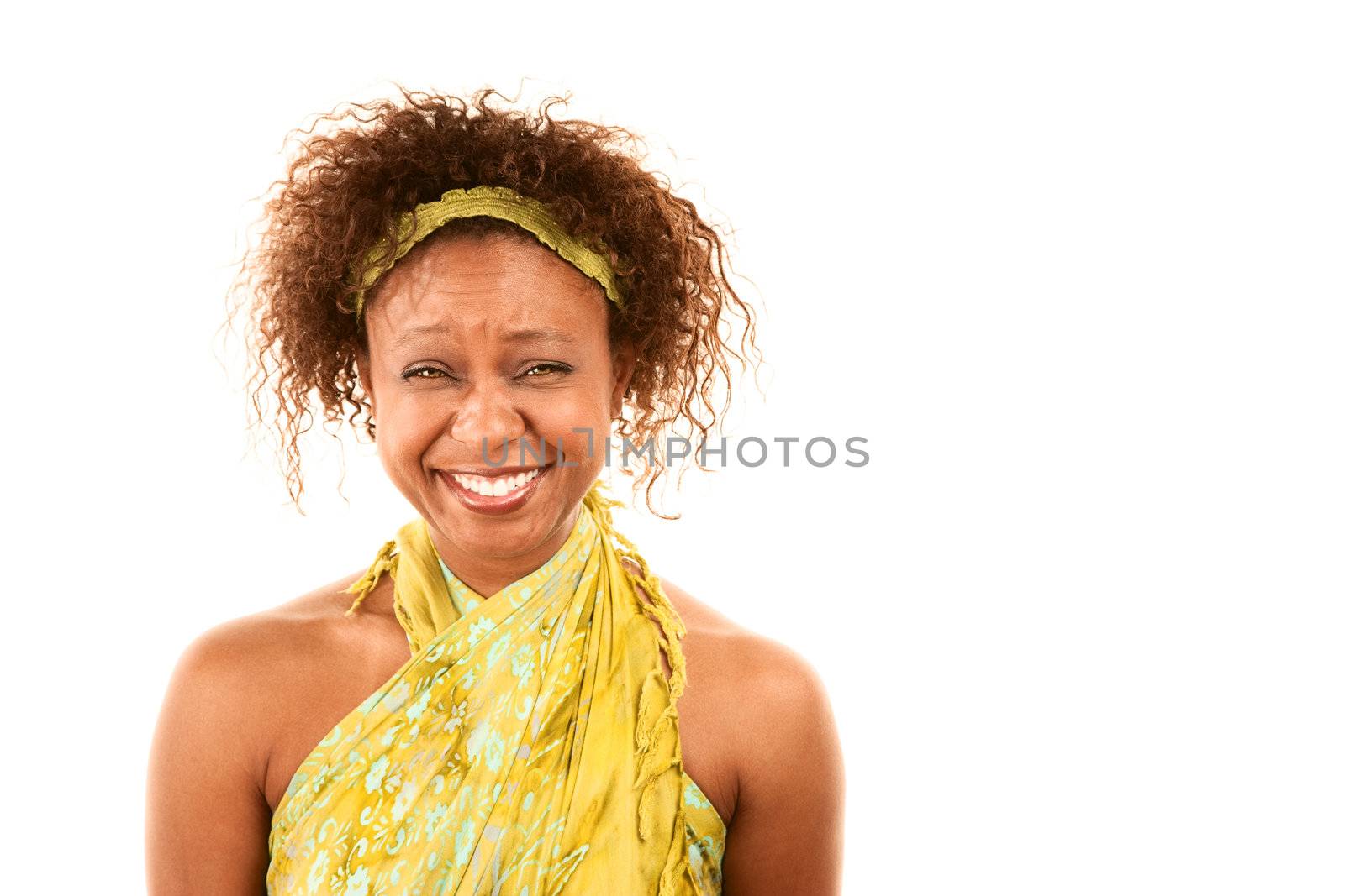 Pretty Smiling African American Woman in Green Wrap Dress