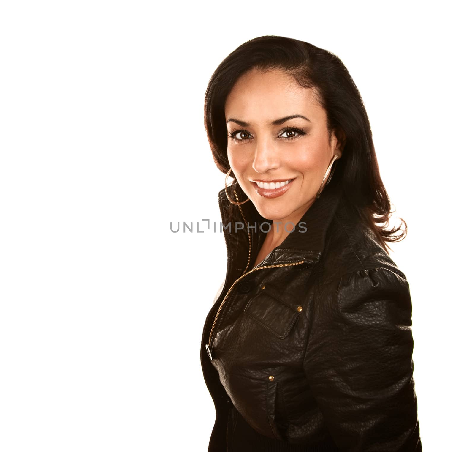 Pretty Hispanic Woman in Black Leather Jacket