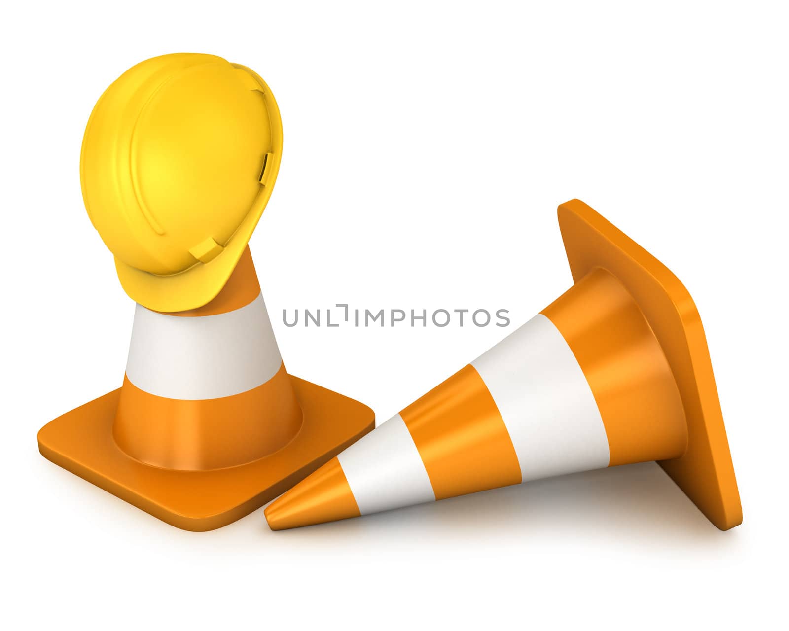 Two roadcones and yellow helmet isolated on white background