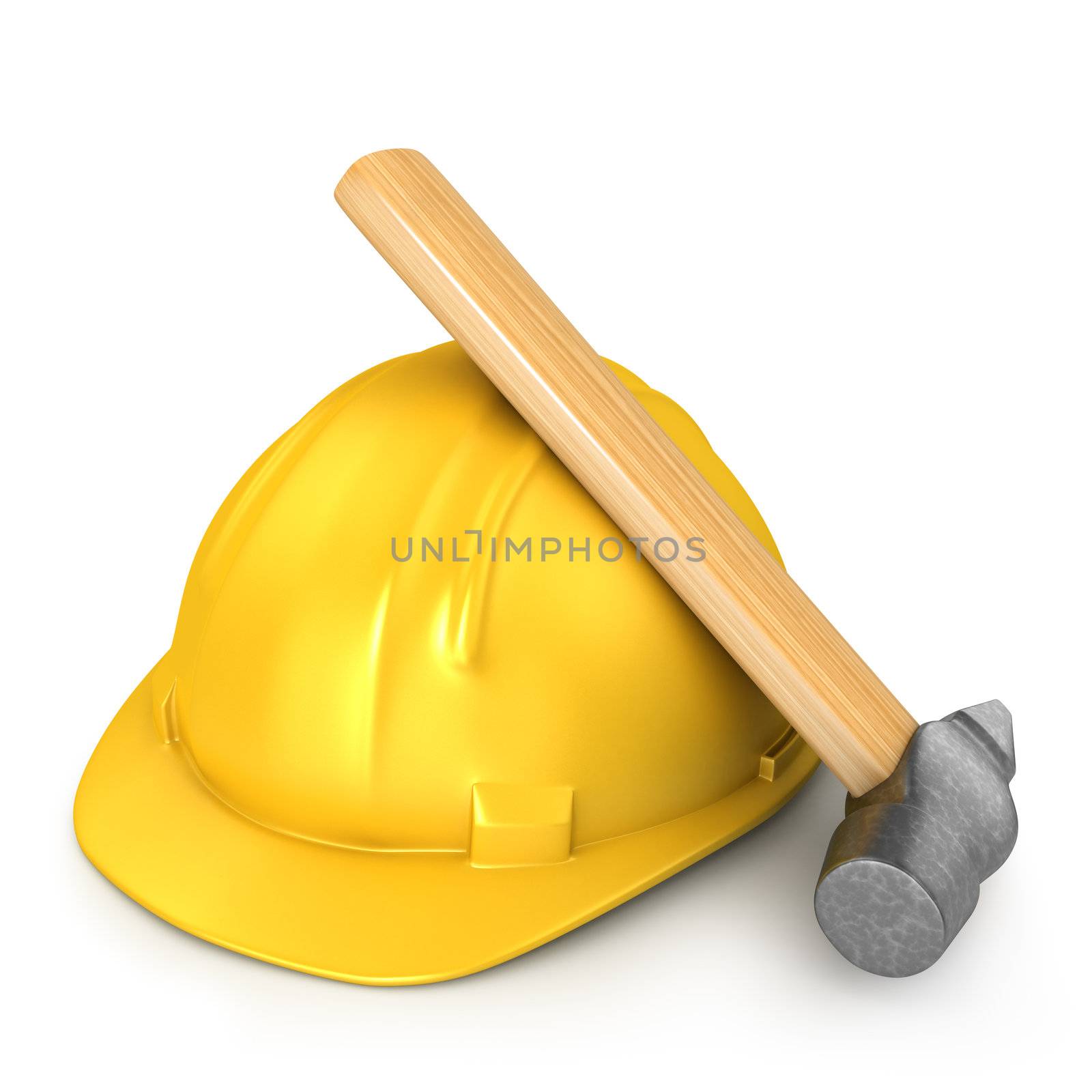 New yellow helmet with hammer isolated on white background