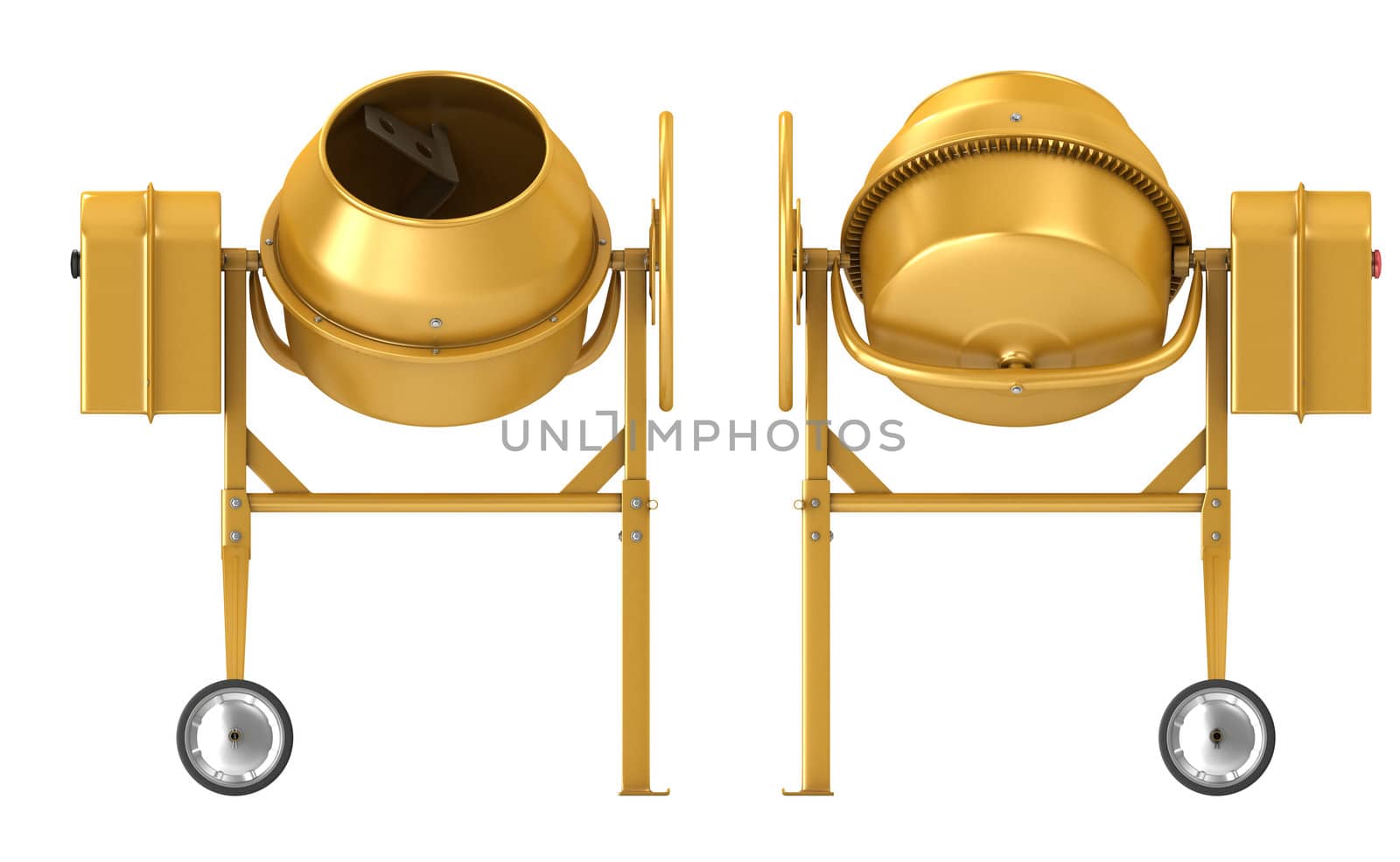 Clean new yellow concrete mixer isolated on white background, front and rear view