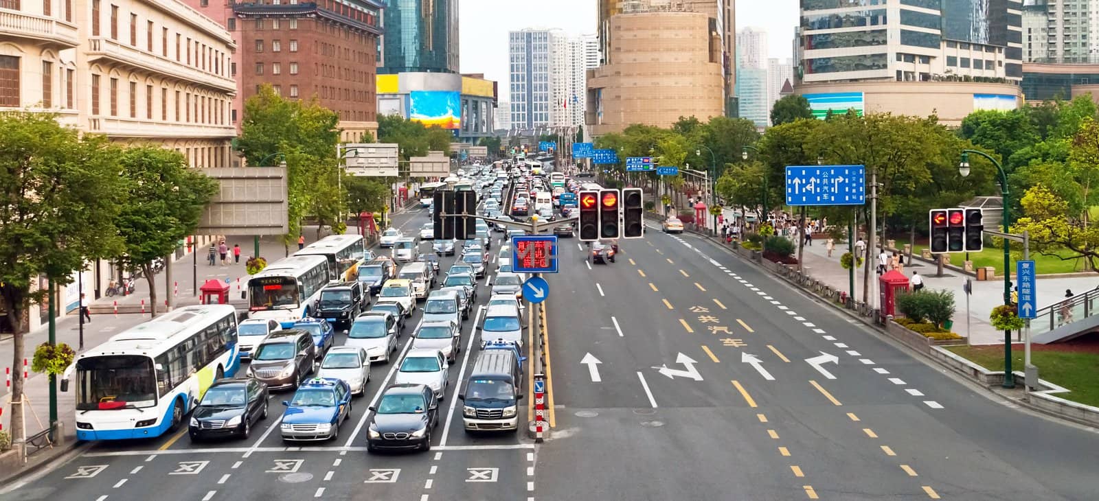 Traffic jam stopped by a traffic light in Shanghai, China