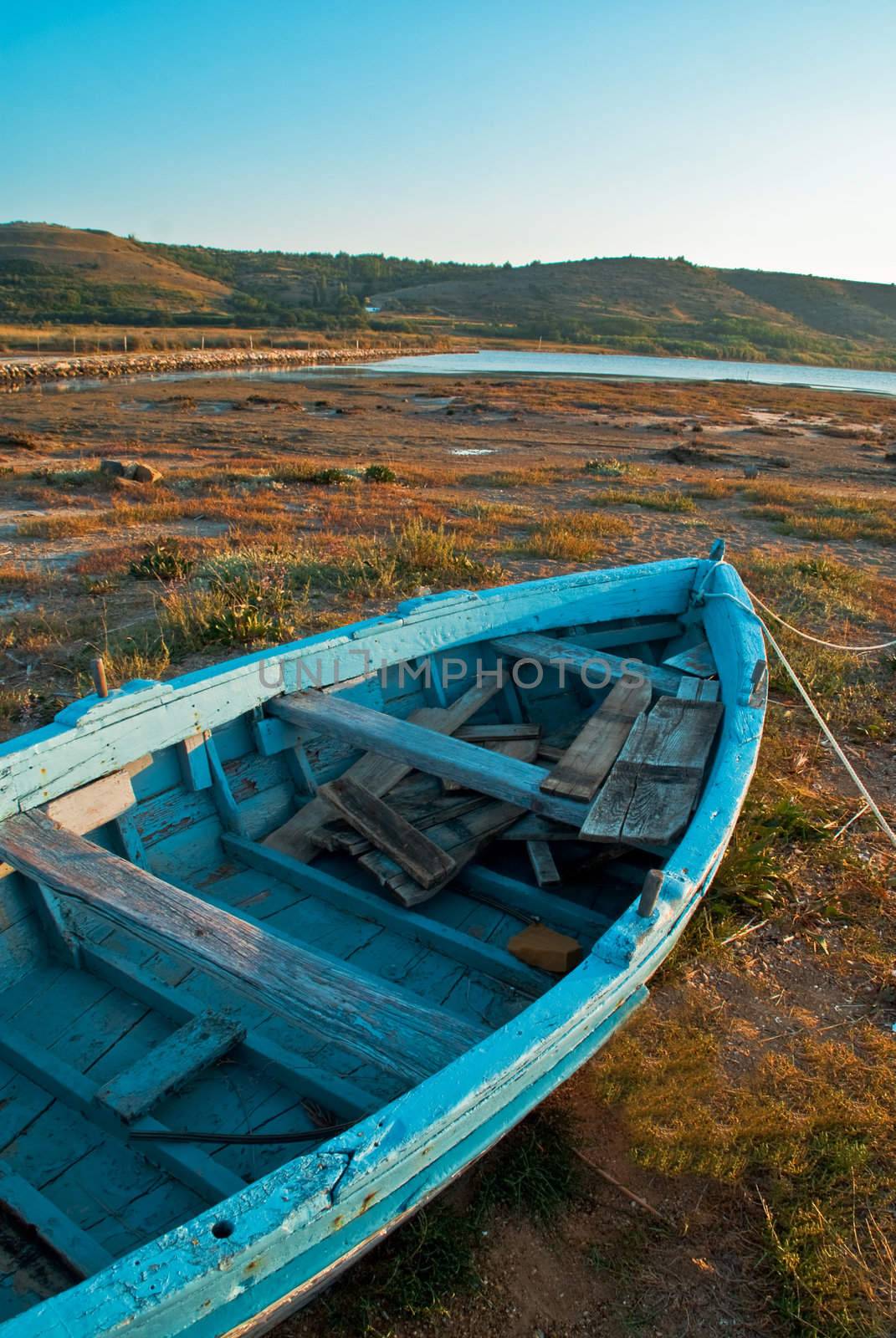 Blue old boat stranded on the flower meadow.