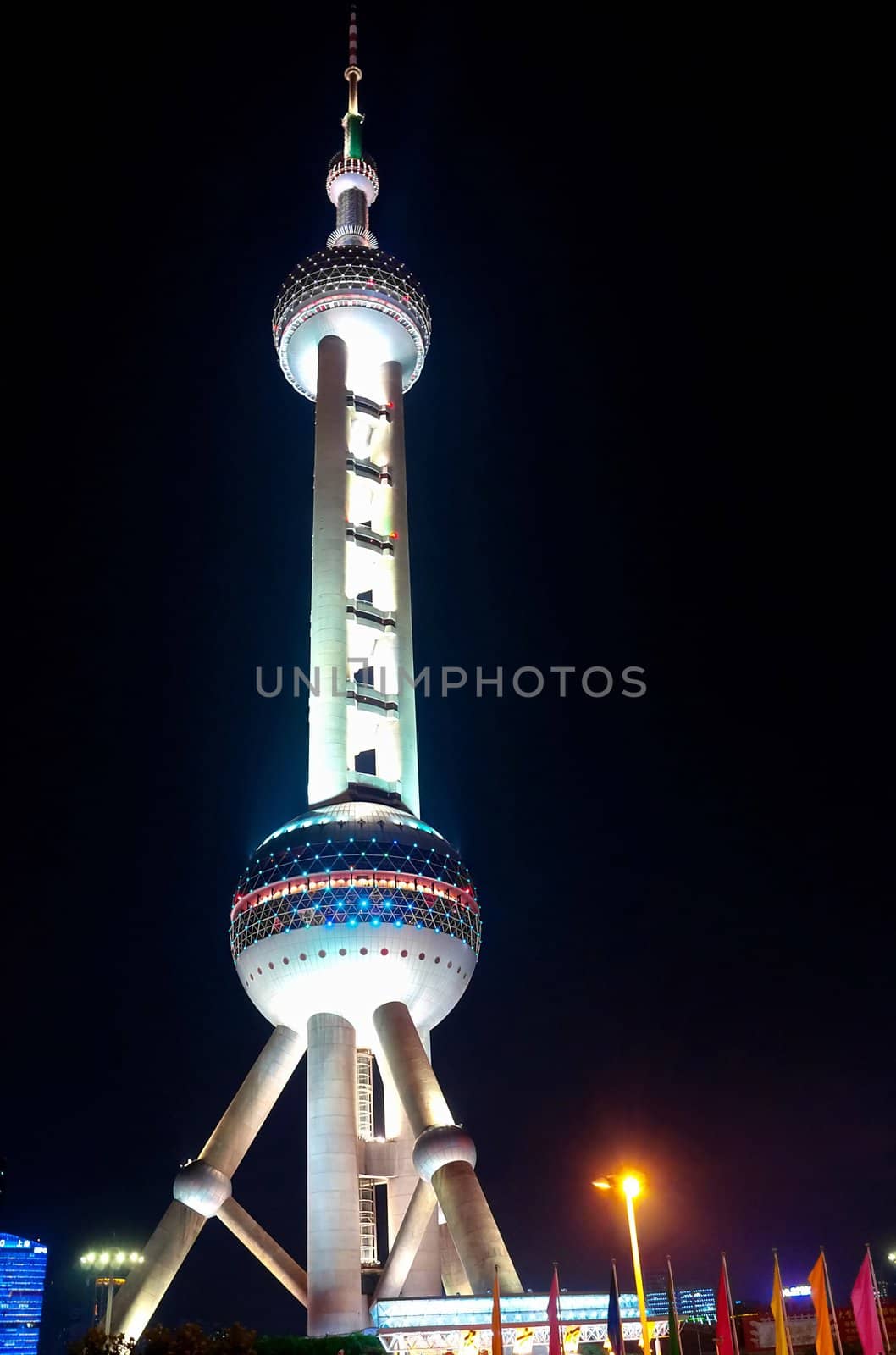 Oriental Peral tower at night in Shanghai, China