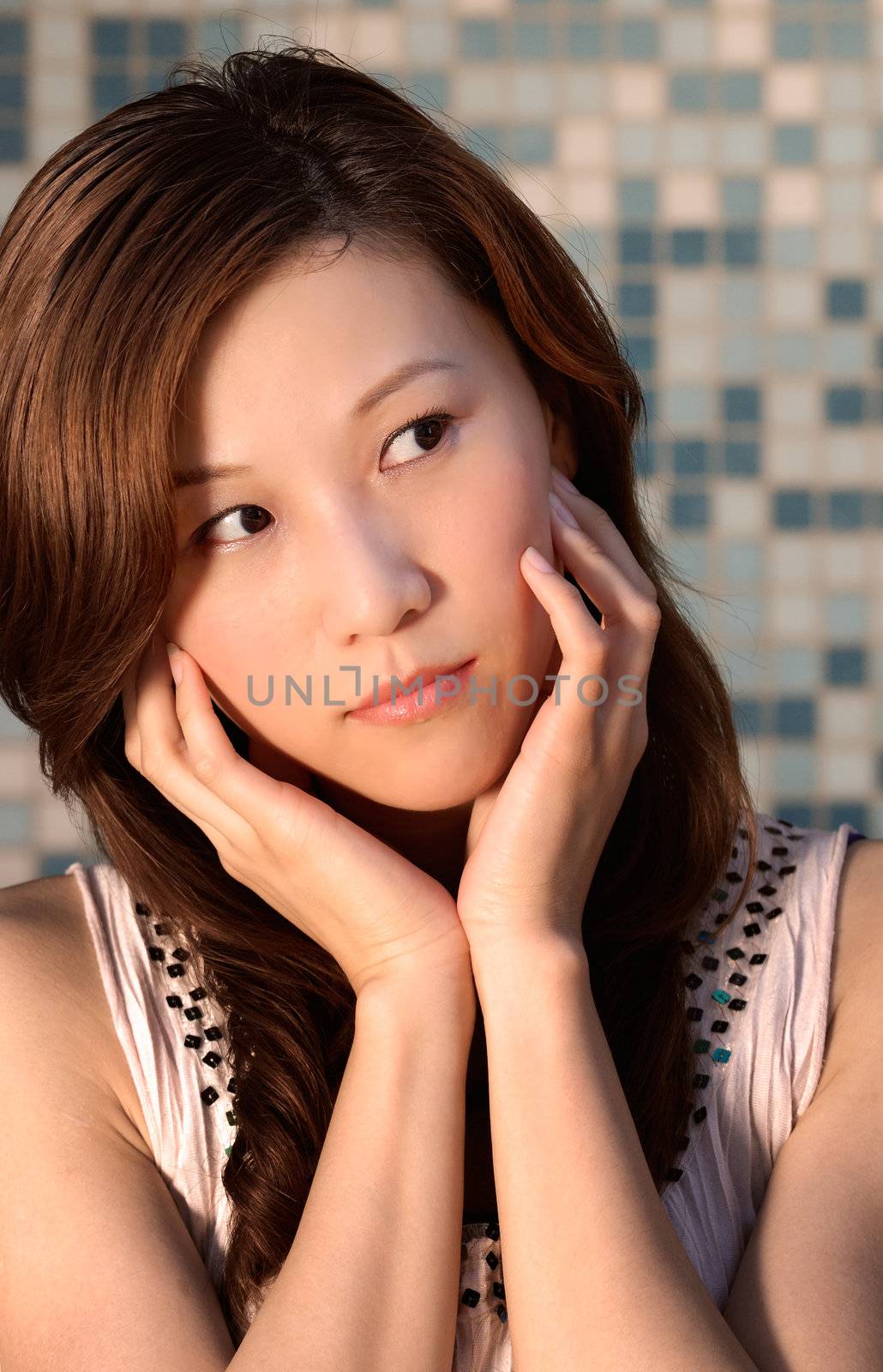 Beautiful Asian woman portrait with close-up thinking face.