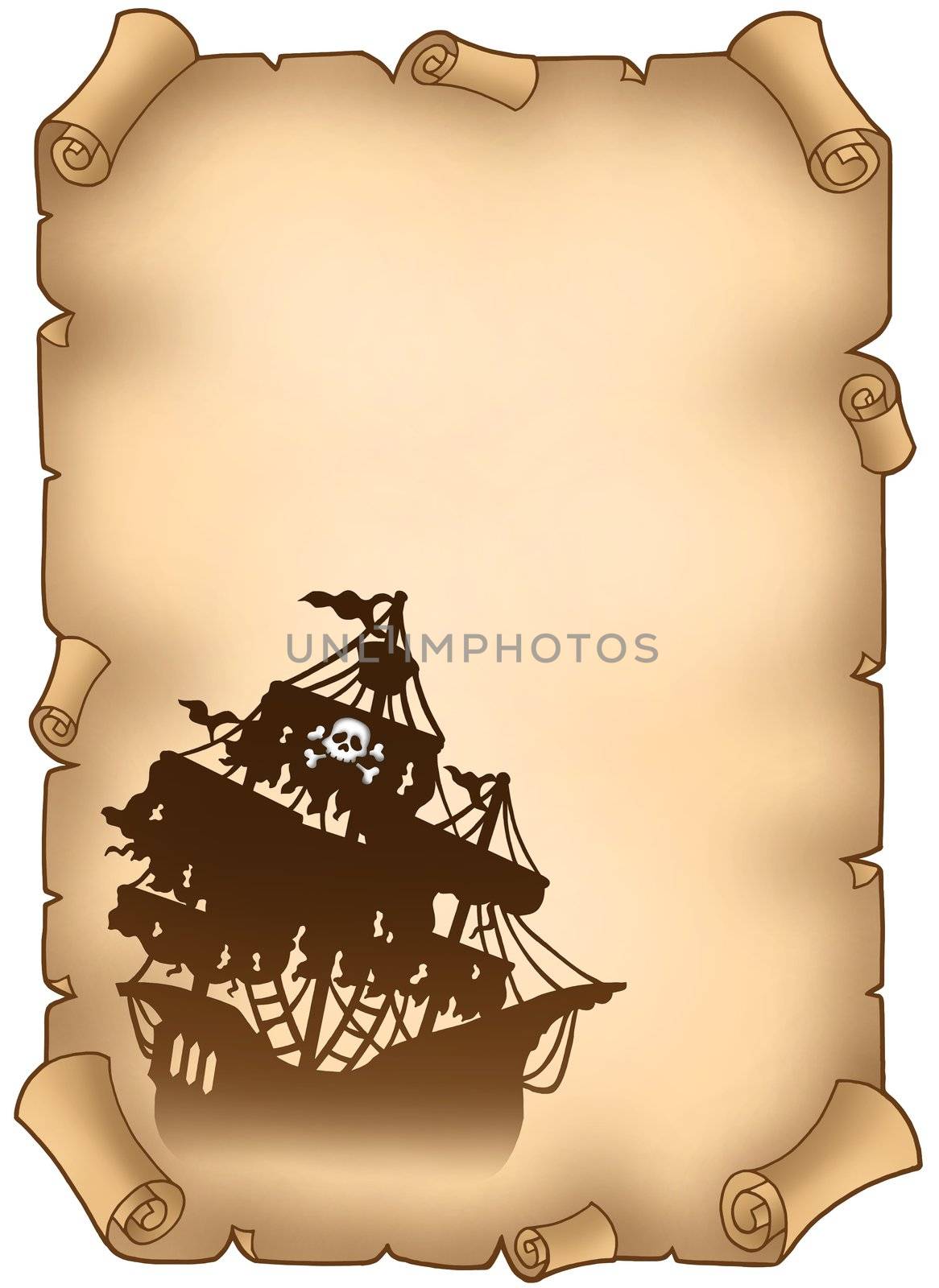 Old scroll with mysterious pirate ship by clairev