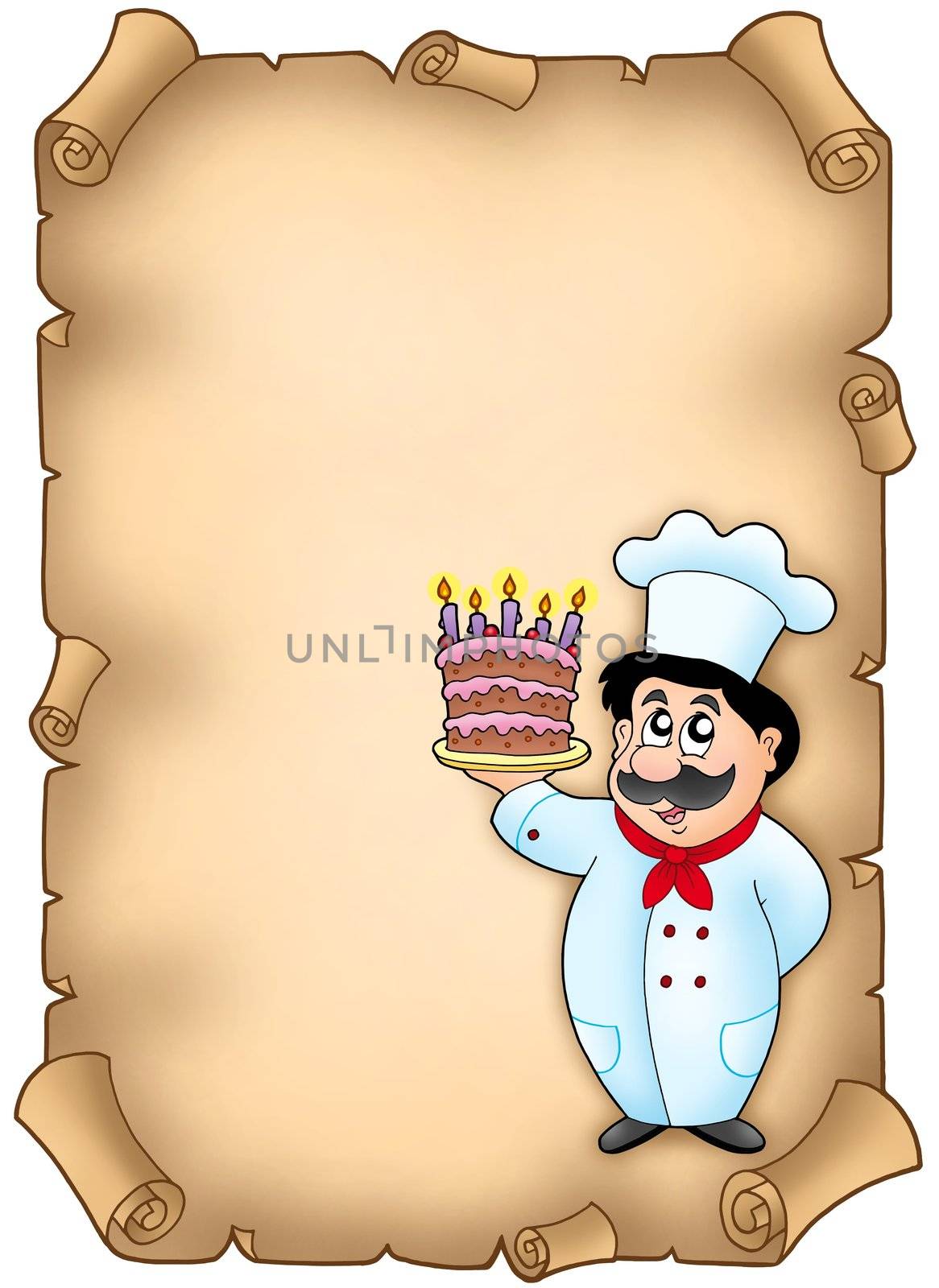 Parchment with chef holding cake - color illustration.