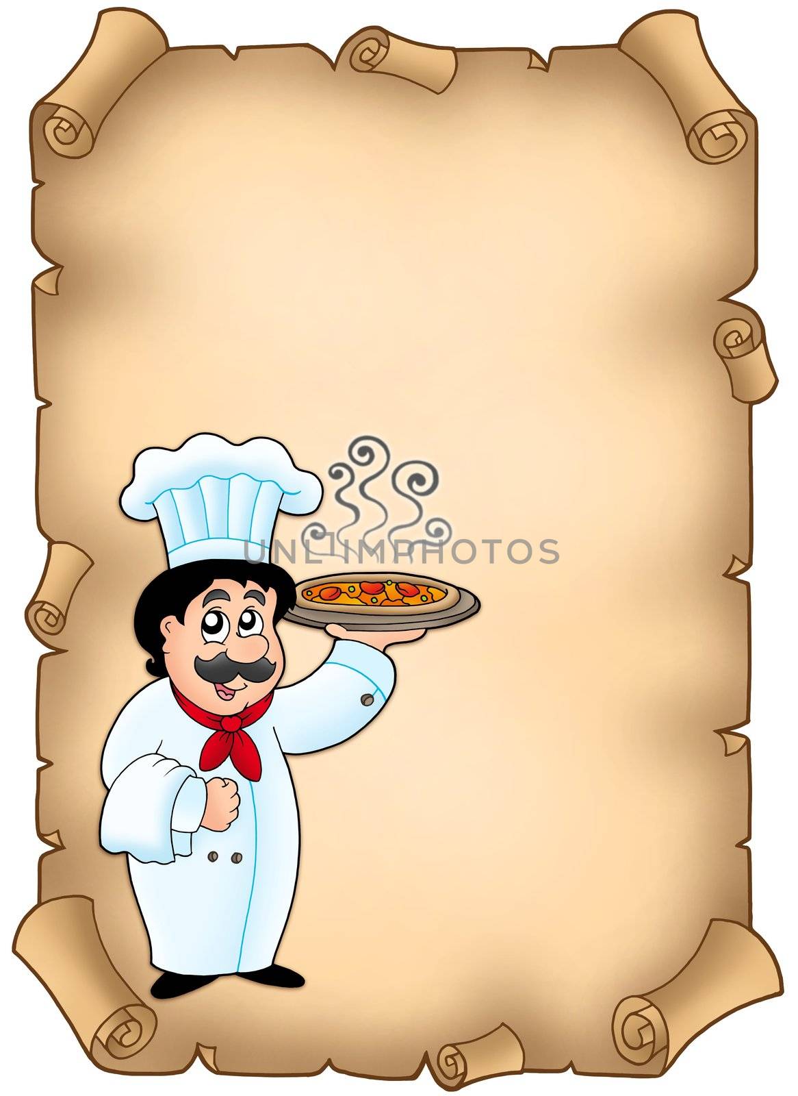 Parchment with chef holding pizza - color illustration.