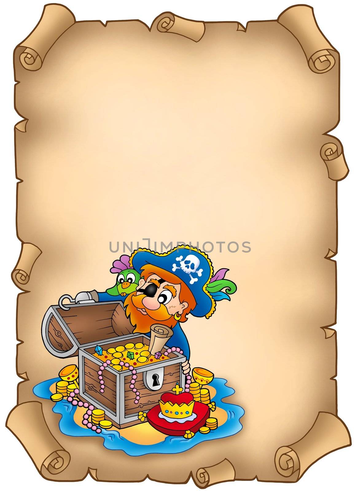 Parchment with pirate and treasure - color illustration.
