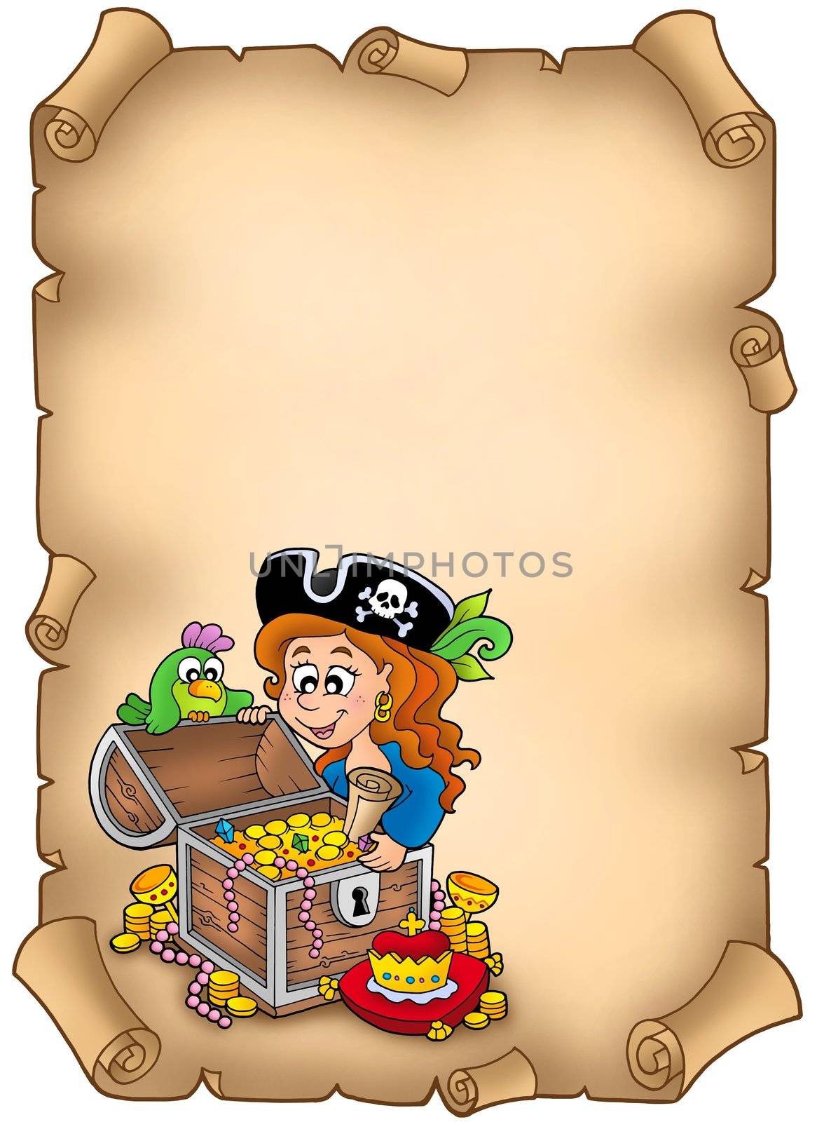 Parchment with pirate girl and treasure - color illustration.