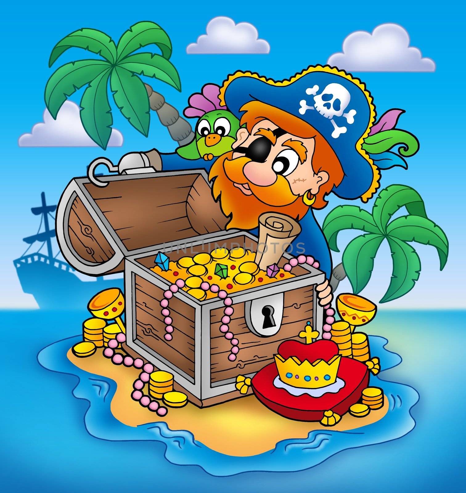 Pirate and treasure - color illustration.