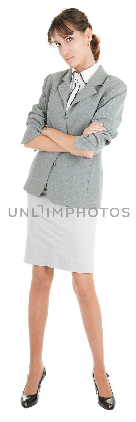 young girl in a gray business suit on white background