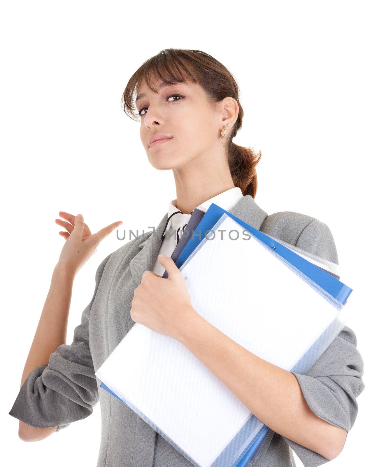 young girl in a gray business suit on white background