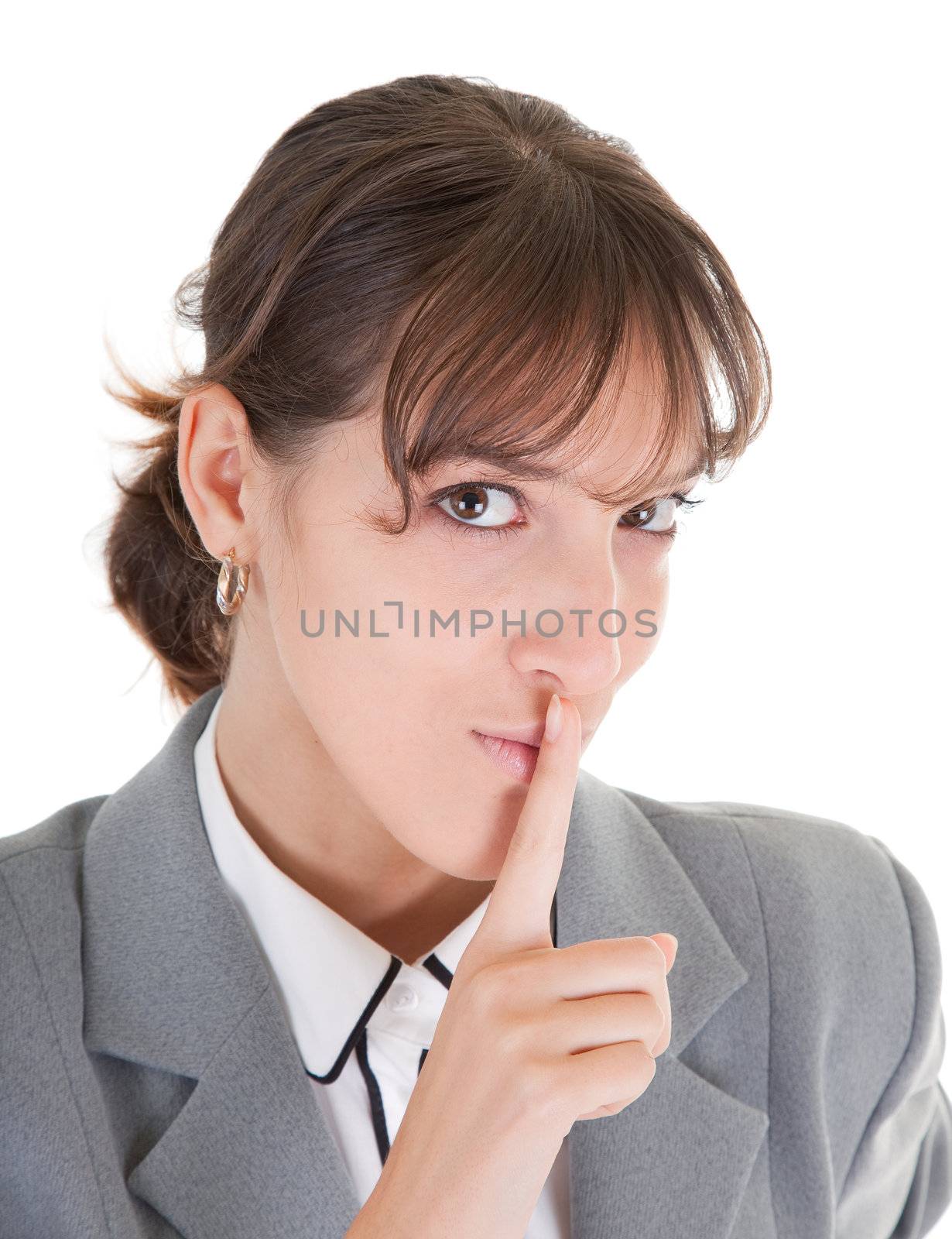 woman in business clothing requests to keep quiet