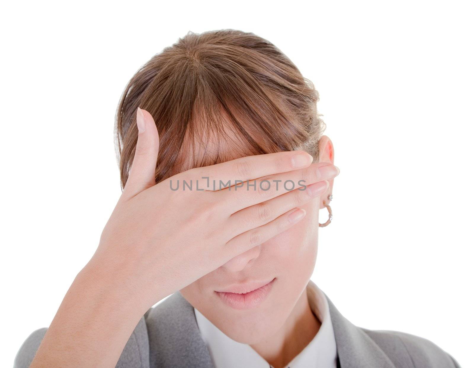  woman closes her eyes with his hands