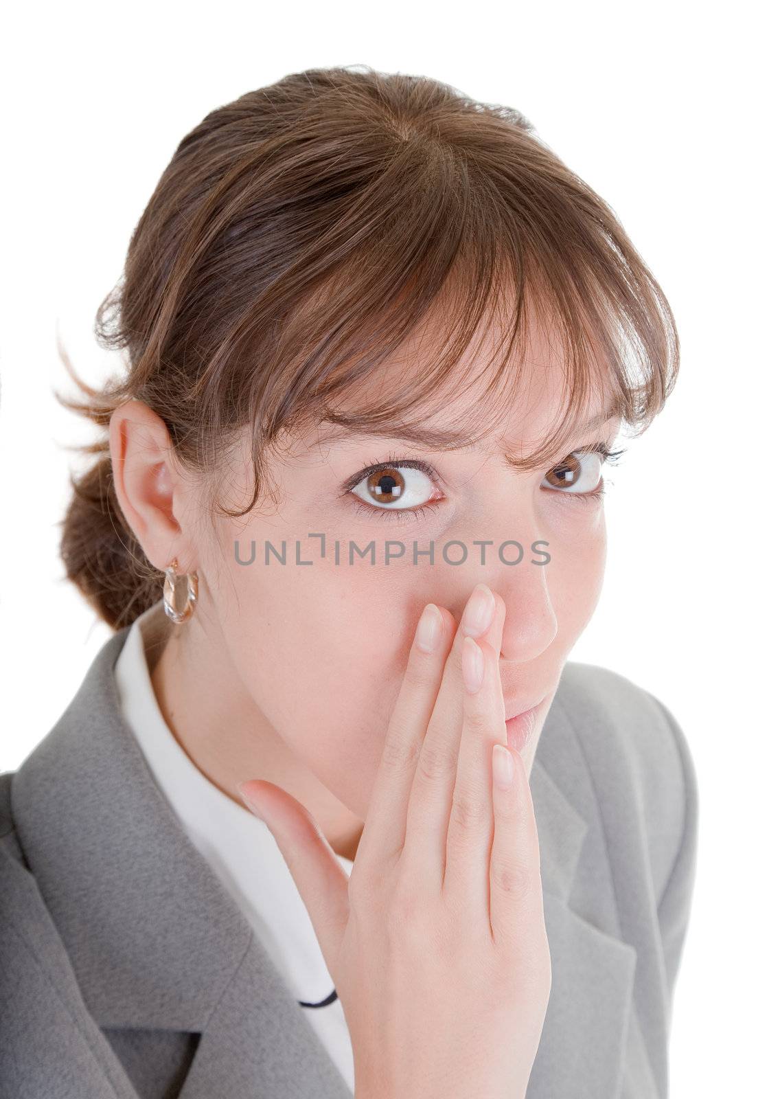 woman in business clothing whisper (matter) on white