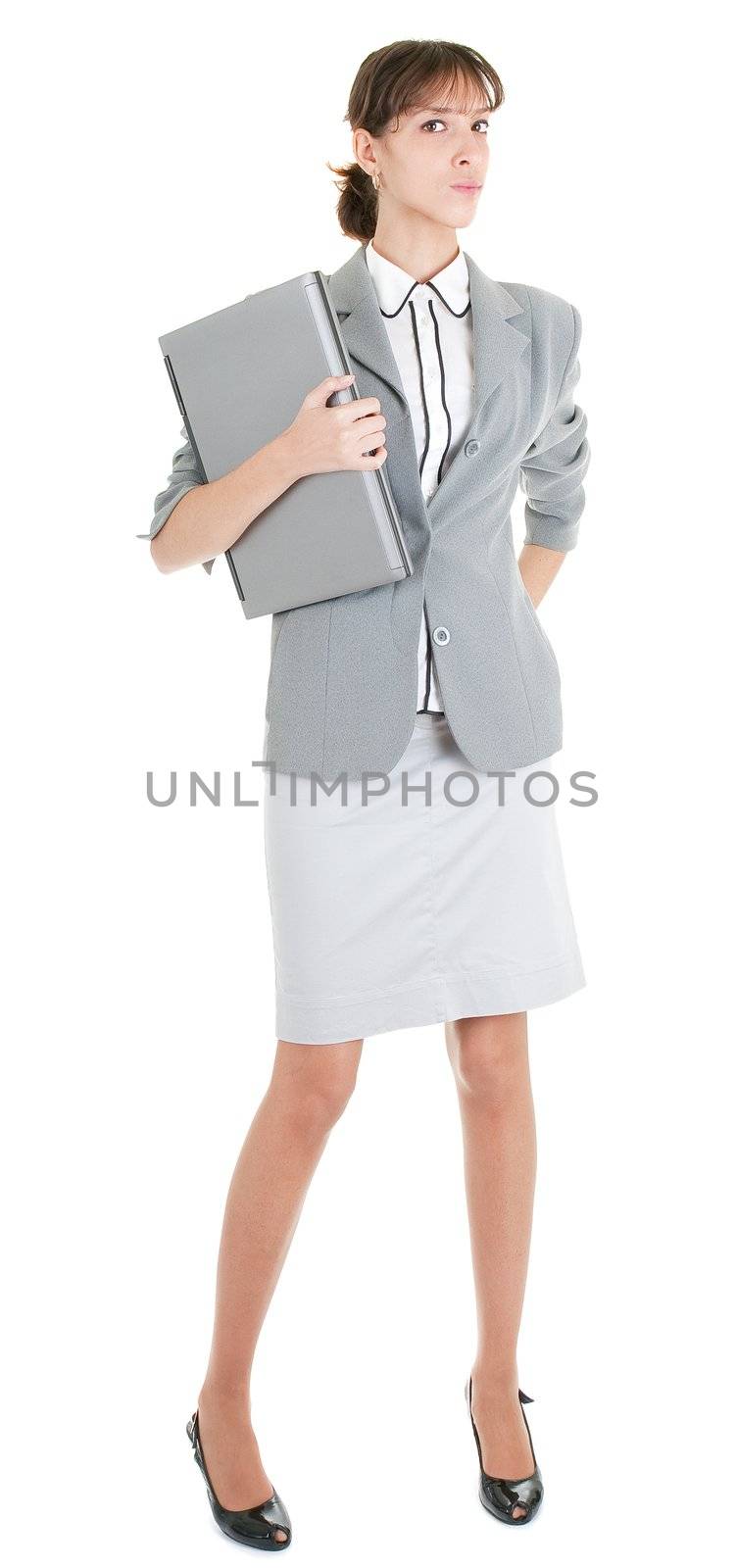 business woman  in spectacles and laptop on white