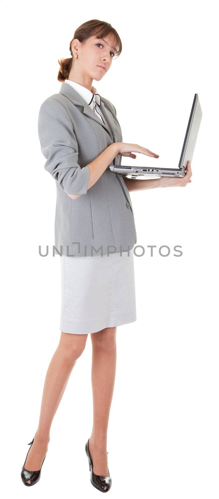 business woman  in spectacles and laptop on white