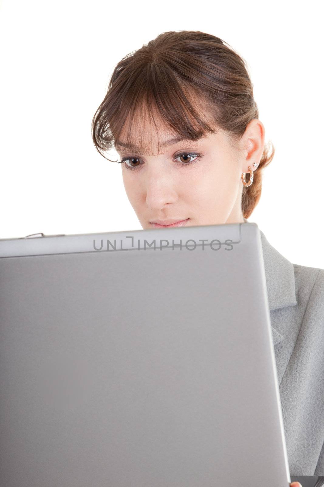 business woman  and laptop on white background