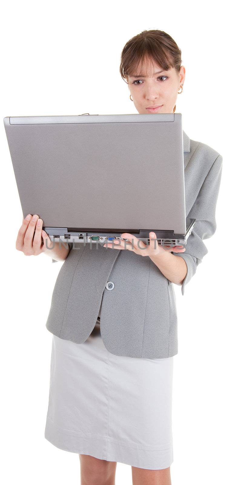 business woman  and laptop on white background