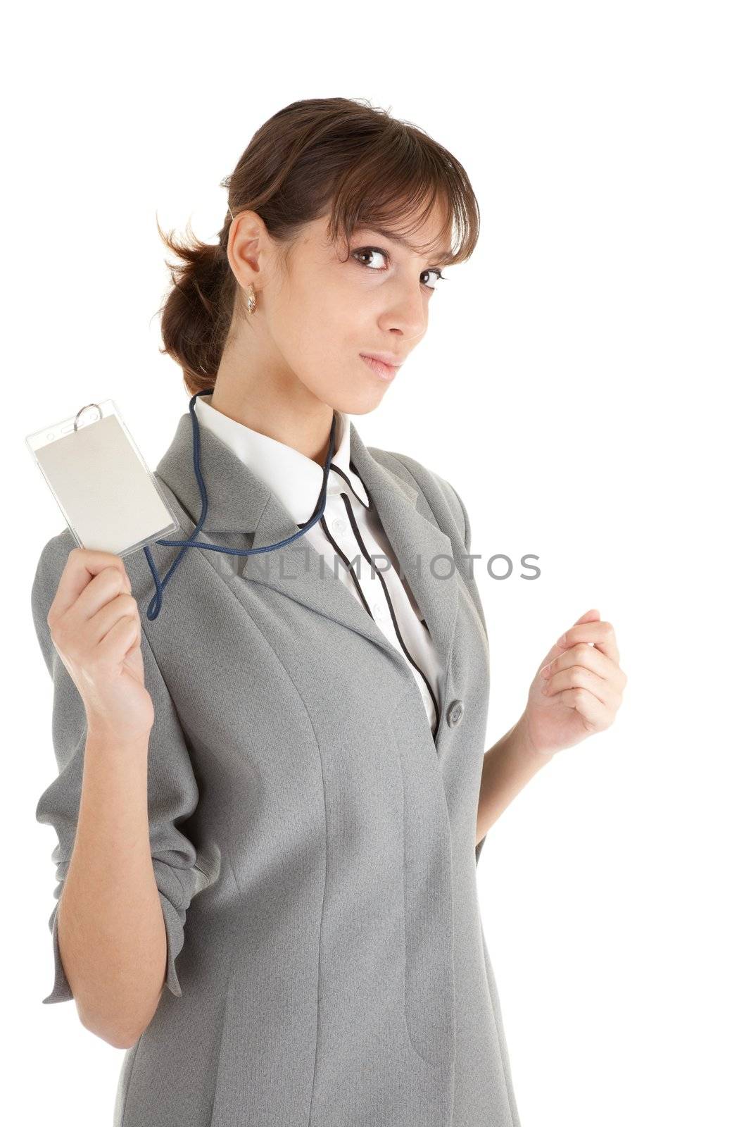 young girl in a gray business suit on white background