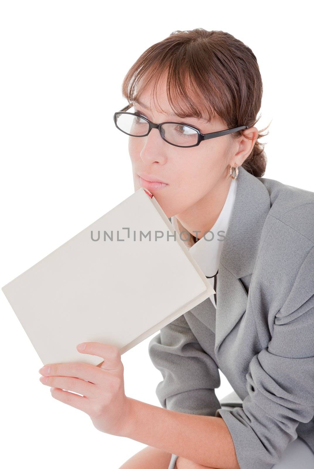 business woman  in spectacles and book on white