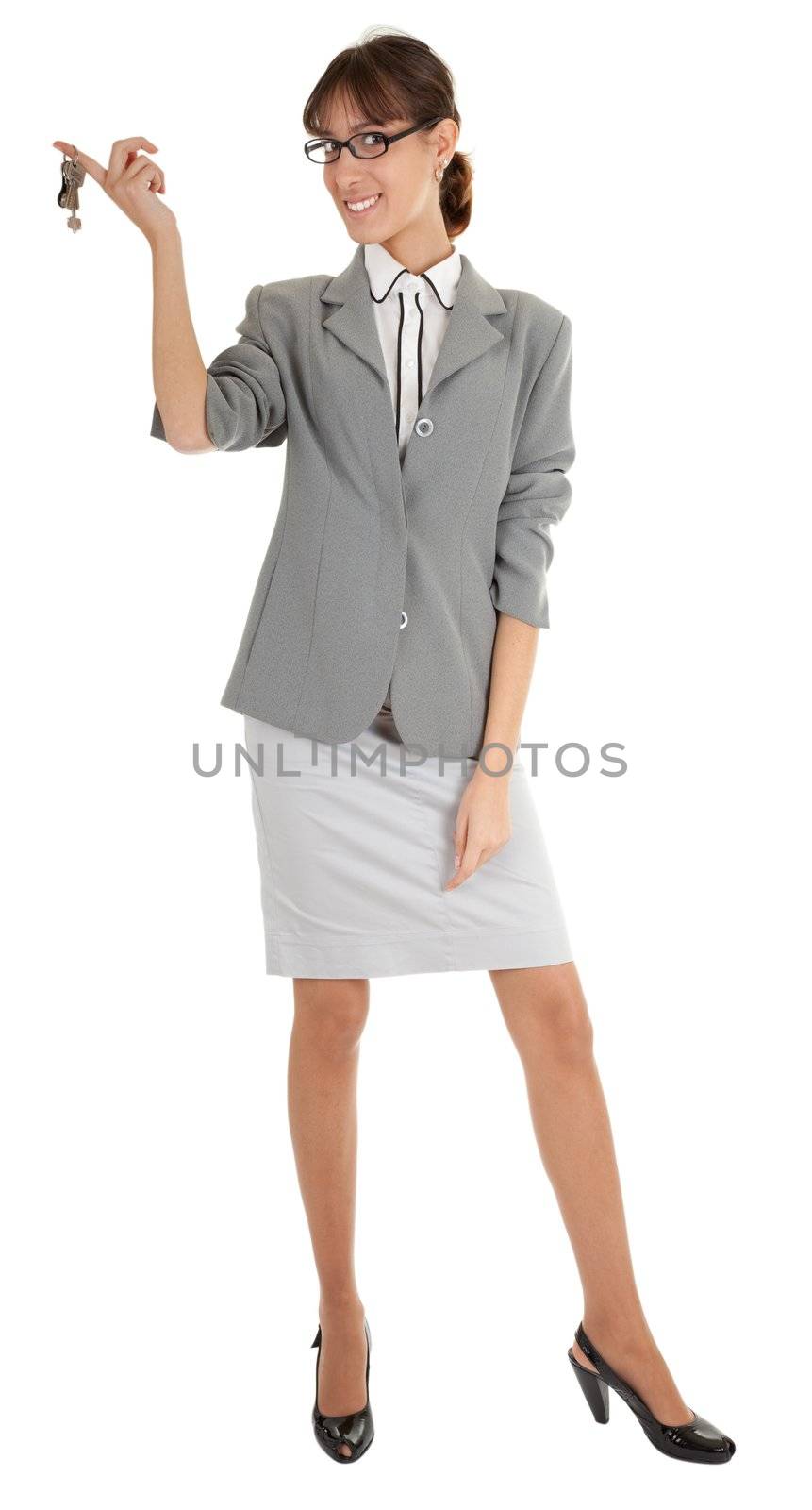 young girl in a gray business suit on white background