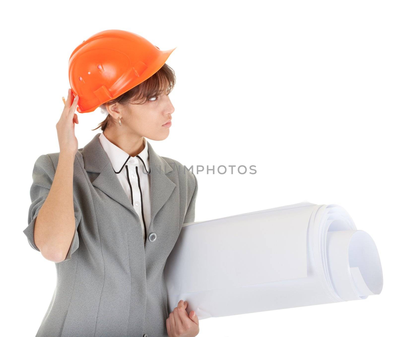 young girl in a gray business suit on white background