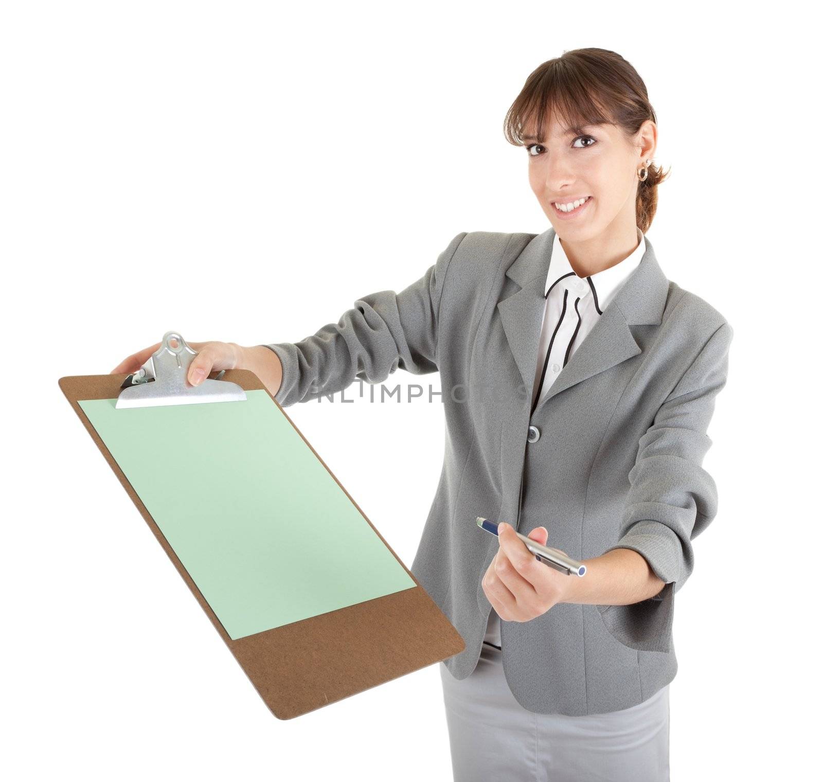 young girl in a gray business suit on white background