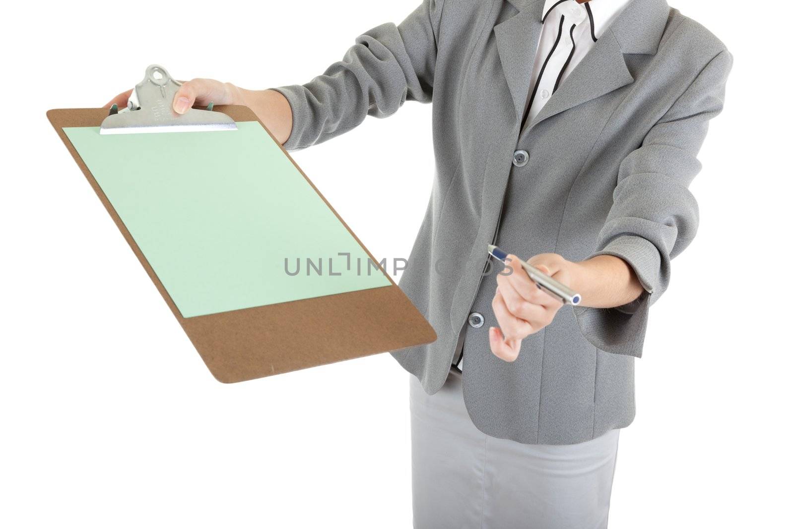 young girl in a gray business suit on white background
