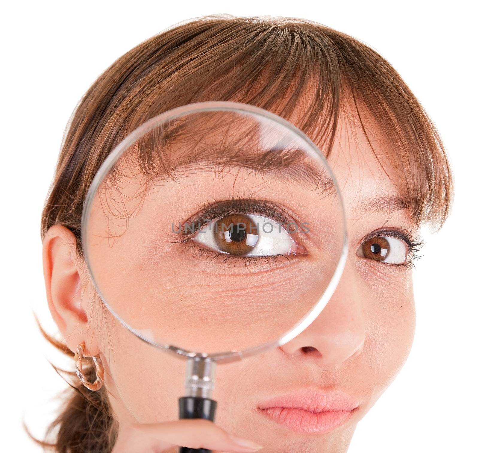 portrait of woman in business clothing with magnifier