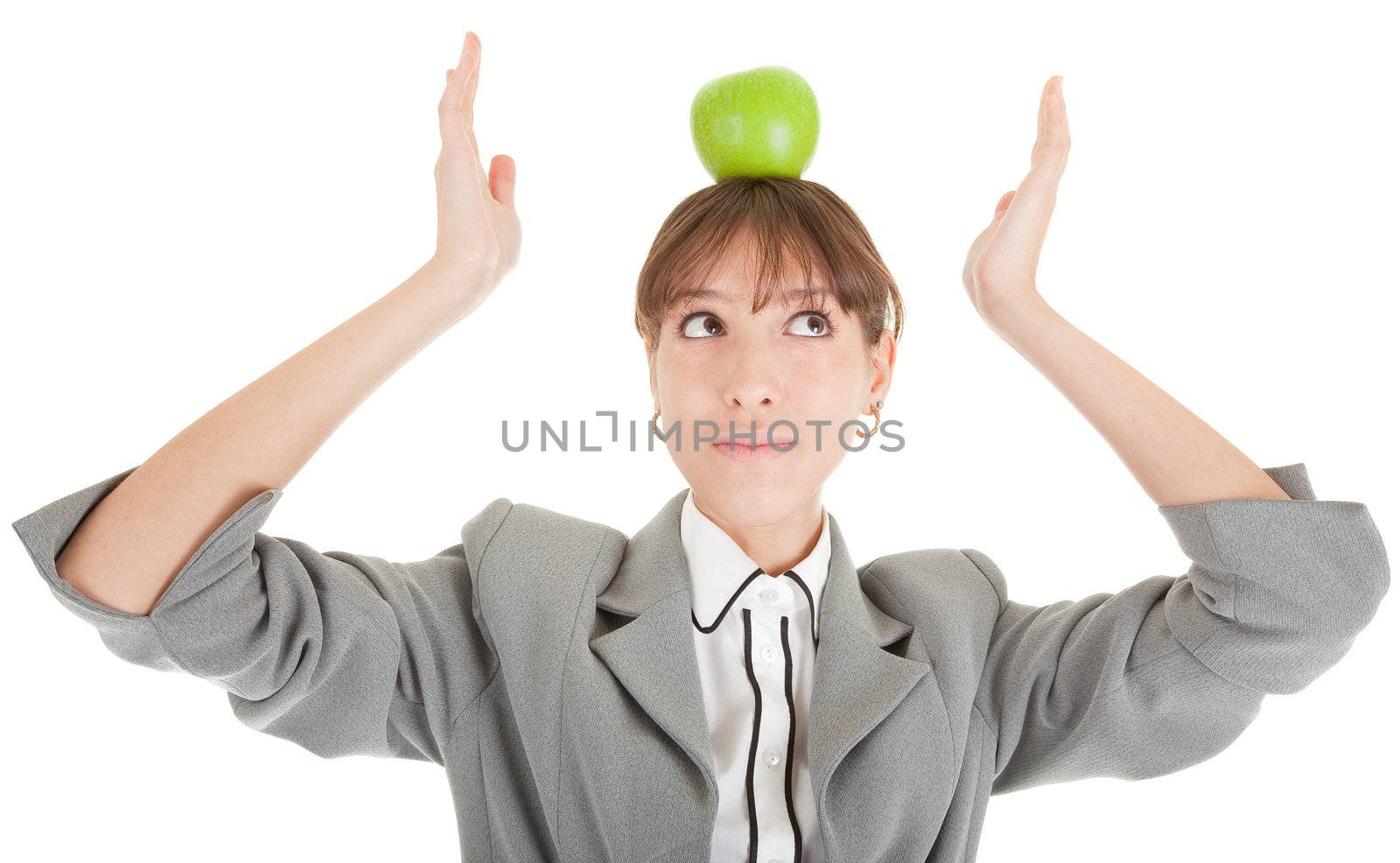  smiling woman in business clothing with apple