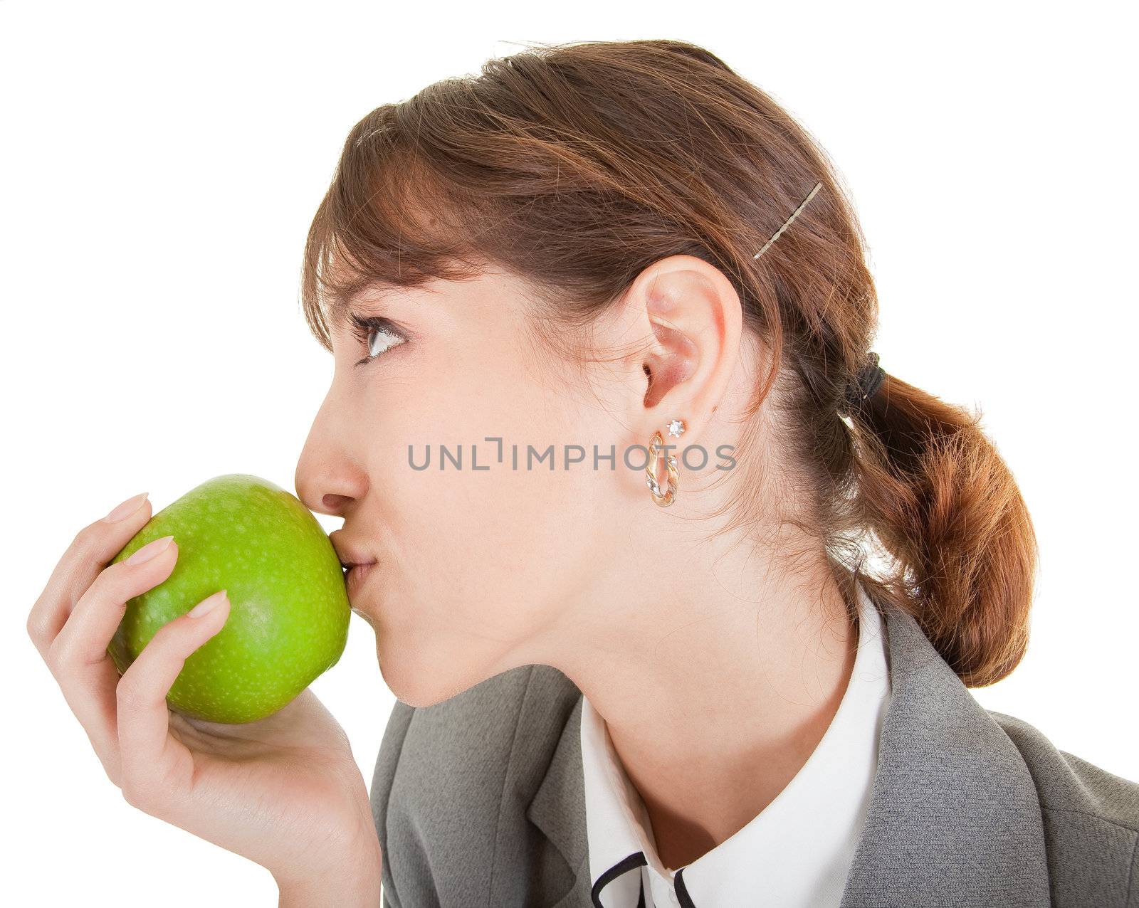  smiling woman in business clothing with apple