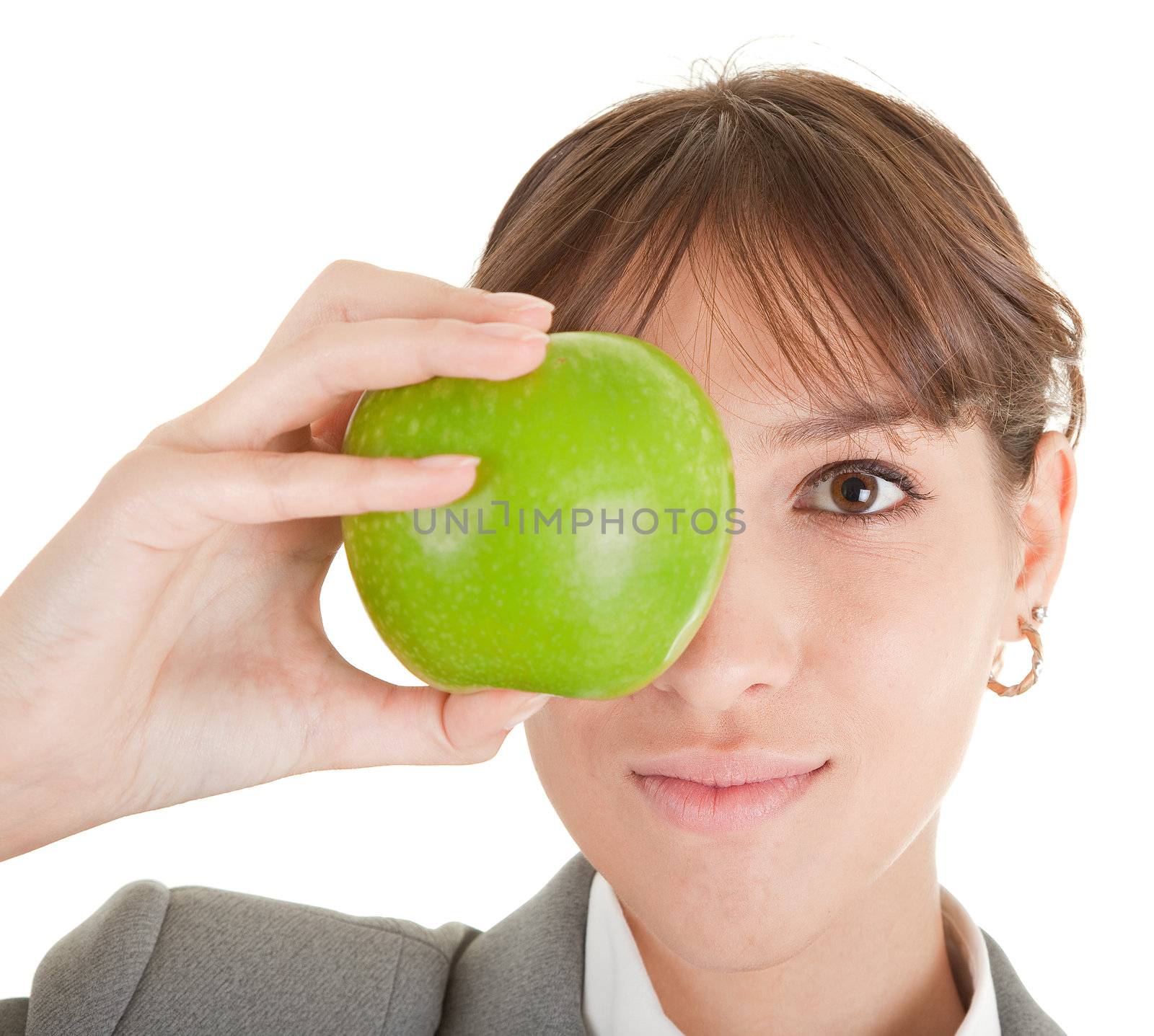  smiling woman in business clothing with apple