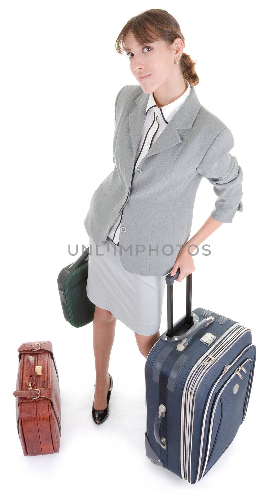 business woman  with a luggage on white background