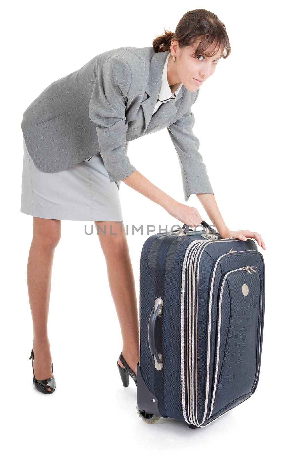 business woman  with a luggage on white background