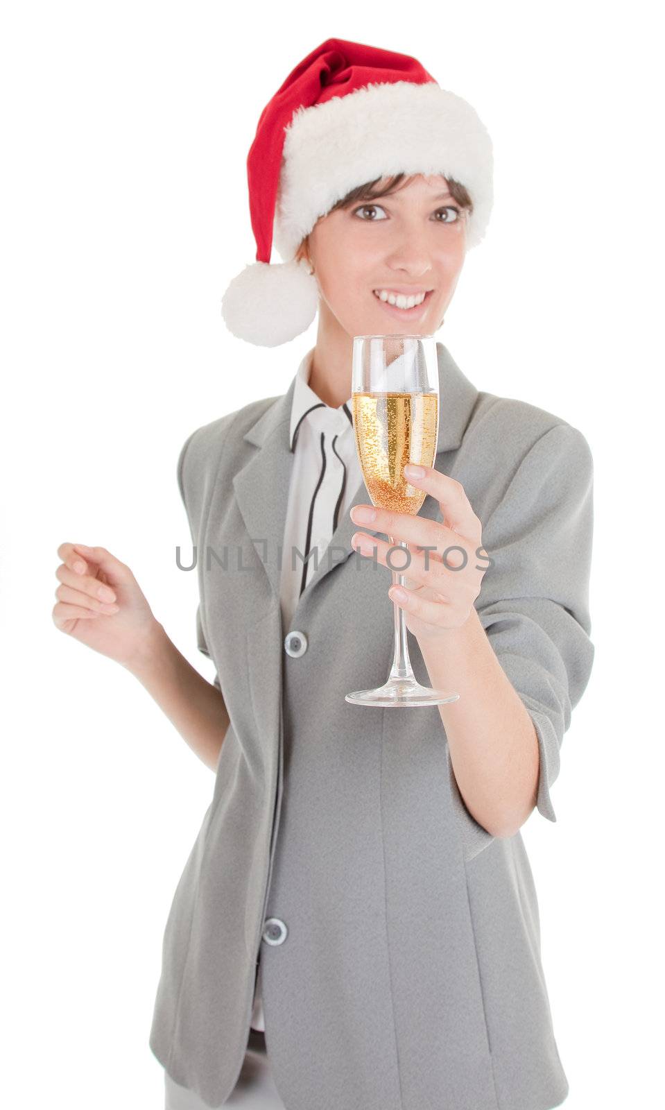 business girl in Santa hat and with champagne by Sergieiev