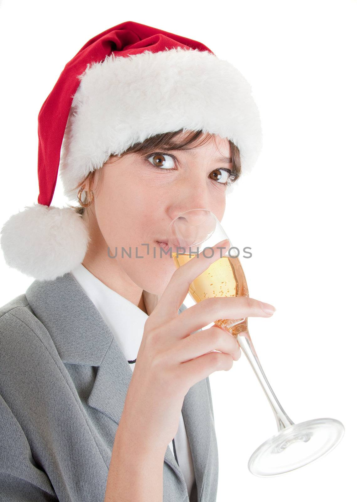 portrait of business girl in Santa hat and with champagne
