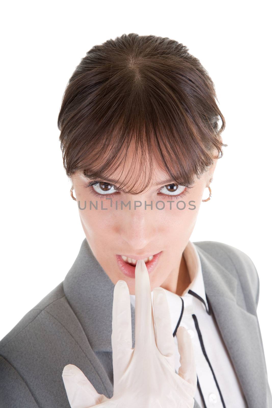portrait of business woman, lifting latex glove with teeth