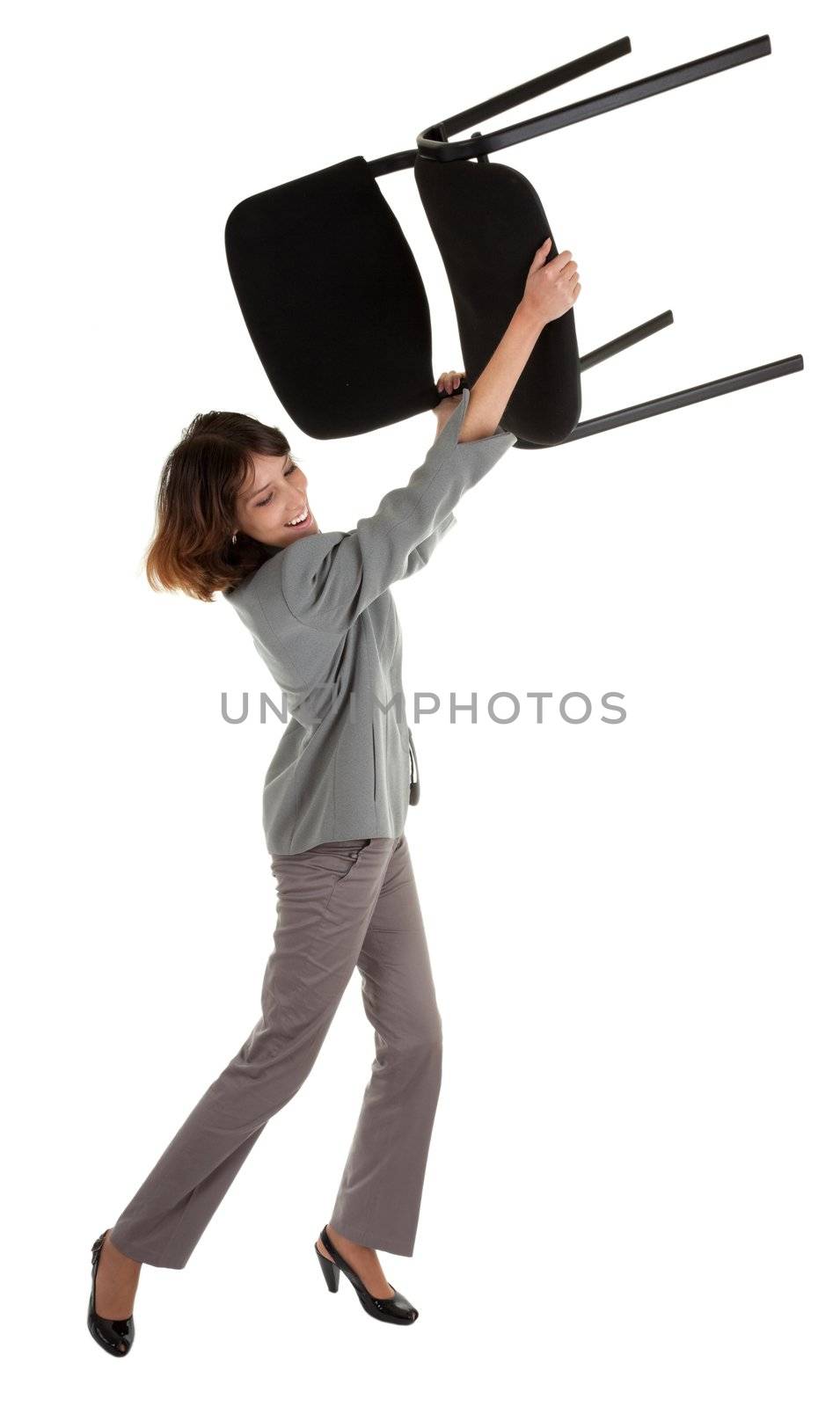 young girl in a gray business suit on white background