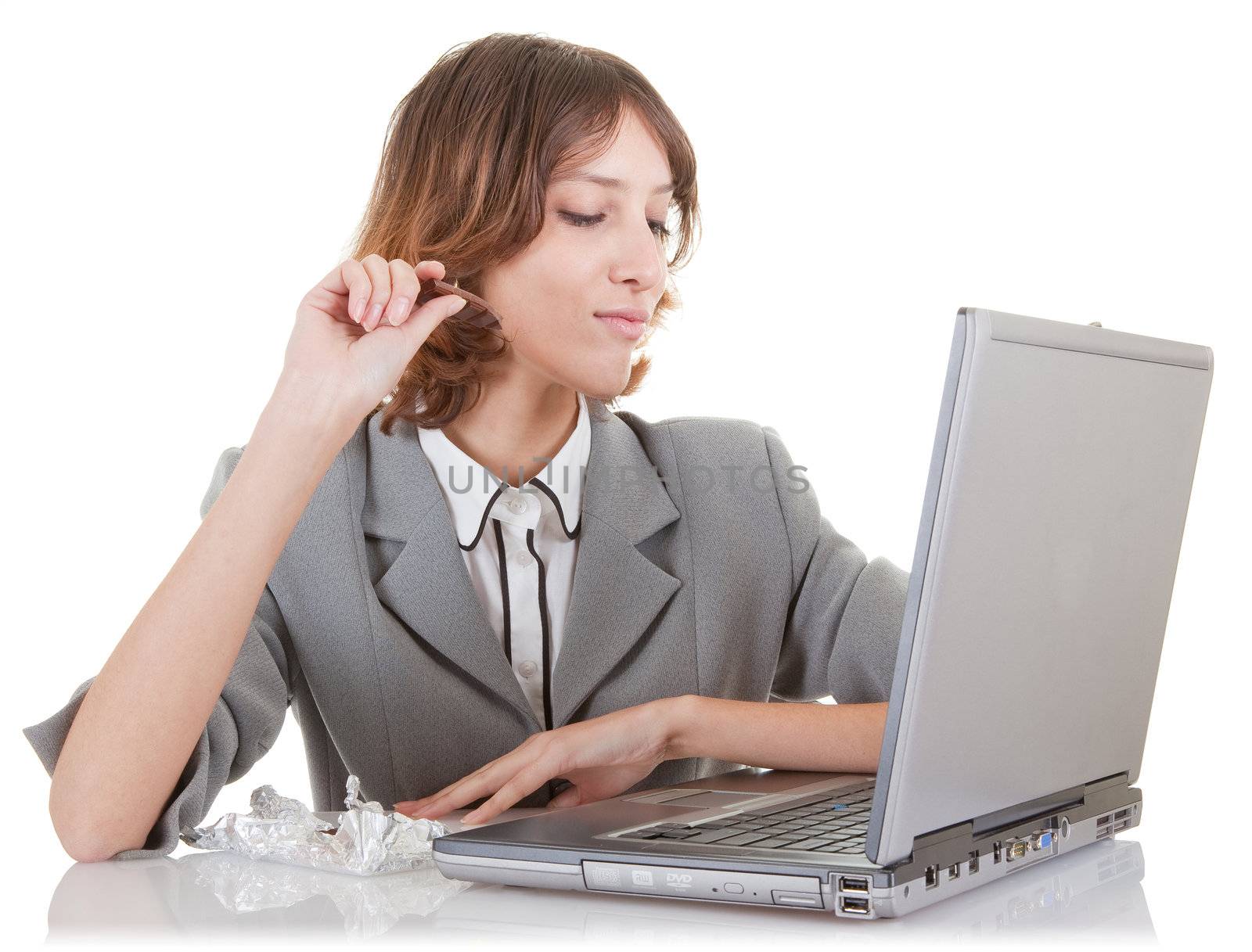 business woman  and laptop on white background