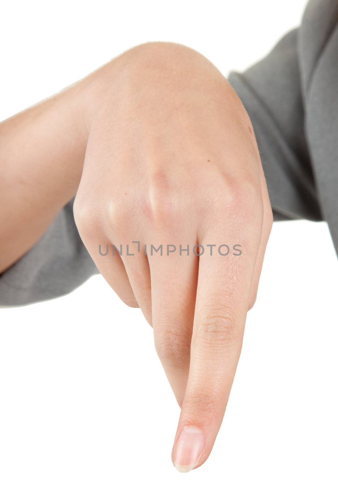 skip sign with his hand on a white background