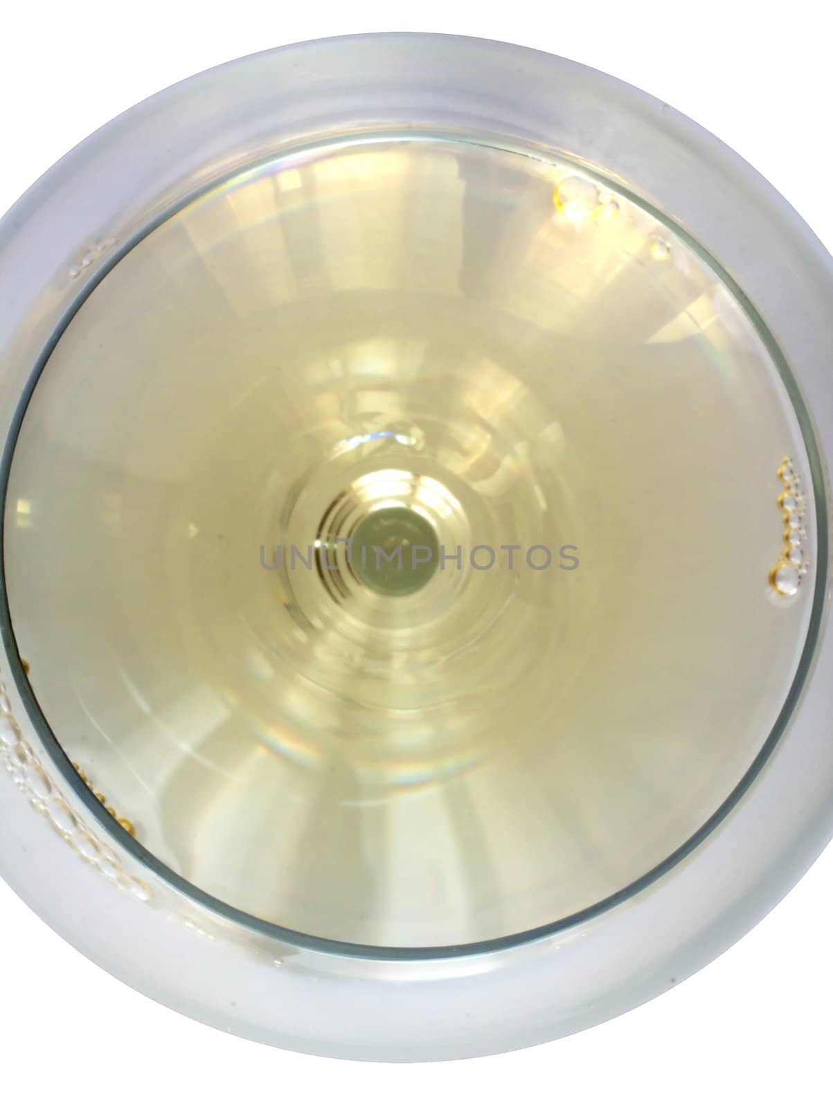 A White wine glass seen from above, white background